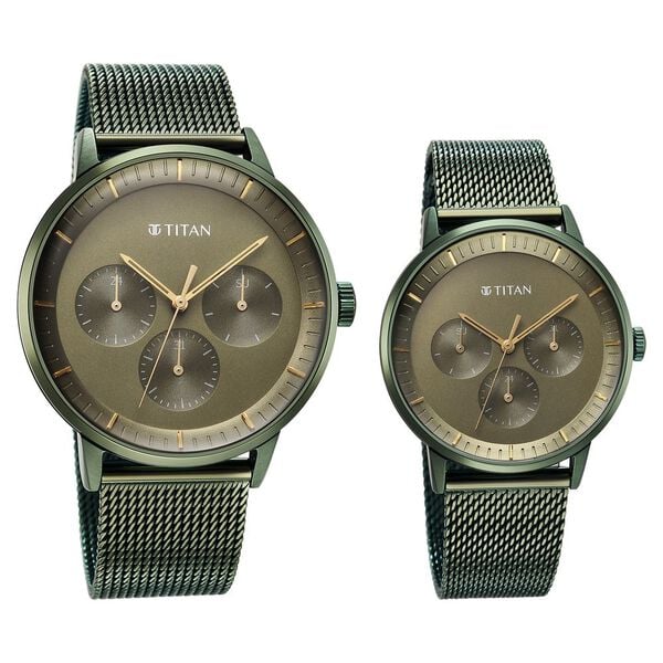 Titan 9400694206QM02 Bandhan Quartz Multifunction Watch with Green Dial and Green Stainless Steel Straps for Couples 42mm and 36mm