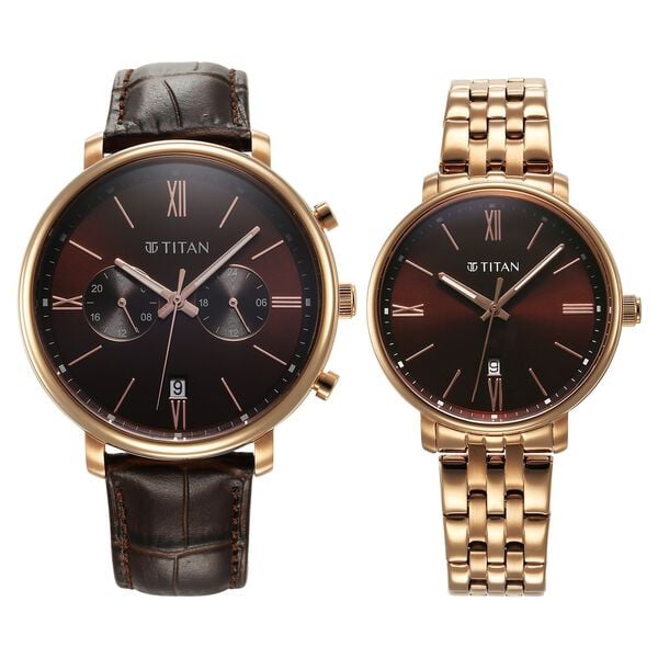 Titan 9400794207WZ02 Bandhan Quartz Analog with Date Watch Set with Brown Dial and Brown and Rose Gold Leather and Stainless Steel Strap Set for Couples