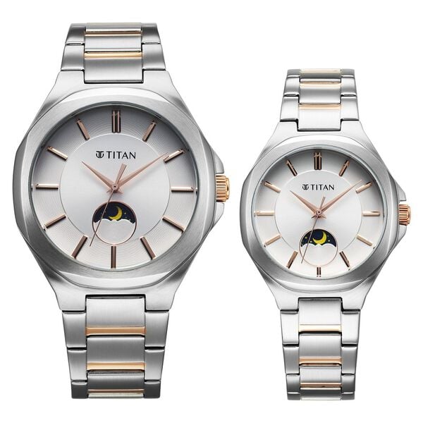 Titan 9400994209KM01 Bandhan Quartz Analog with Sun-Moon Watch Set with Silver Dial and Two Toned Stainless Steel Strap Set for Couples