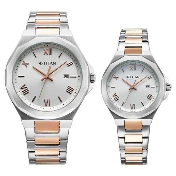 Titan 9401094210KM01 Bandhan Quartz Analog Watch with Date, White Dial and Two-Tone Stainless Steel Strap for Couples