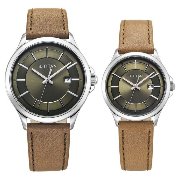 Titan 9401194211SL01 Bandhan Quartz Analog with Date Watch with Green Dial and Brown Leather Straps for Couples