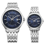 Titan 9401194211SM01 Bandhan couple watch with blue dial and silver strap, official product view 1