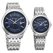Titan 9401194211SM01 Bandhan couple watch with blue dial and silver strap, official product view 2
