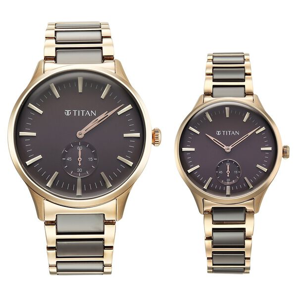 Titan 9401394213KD02 Modern Bandhan Quartz Analog Watch Set with Grey Dials and Two-Tone Ceramic and Stainless Steel Straps for Couples 42mm and 34mm