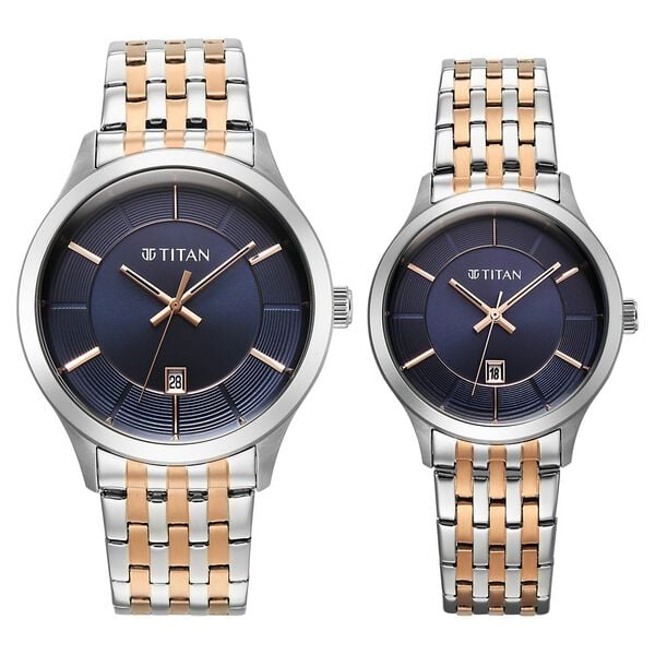 Titan 9401494214KM01 Modern Bandhan Quartz Analog Watch with Blue Dial and Two-Tone Rose Gold Stainless Steel Straps for Couples 40mm and 32mm