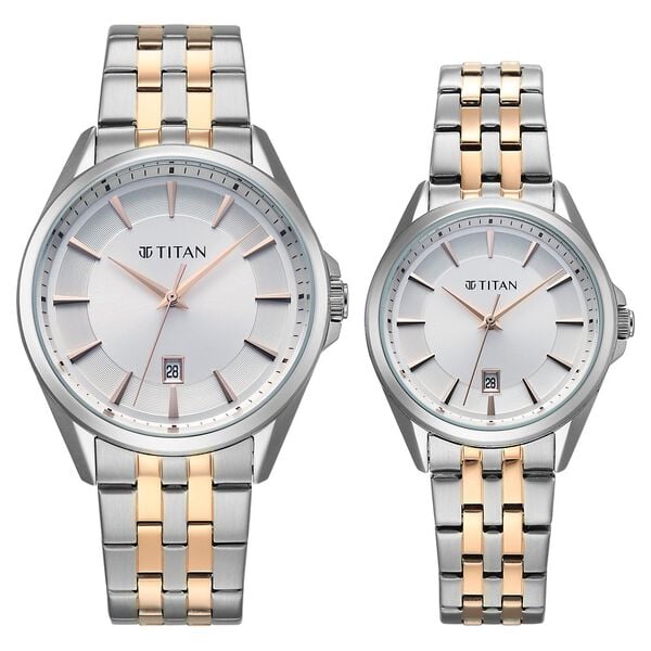 Titan 9401594215KM01 Modern Bandhan Analog Watch Set with White Dial and Dual-Tone Rose Gold Stainless Steel Straps for Couples
