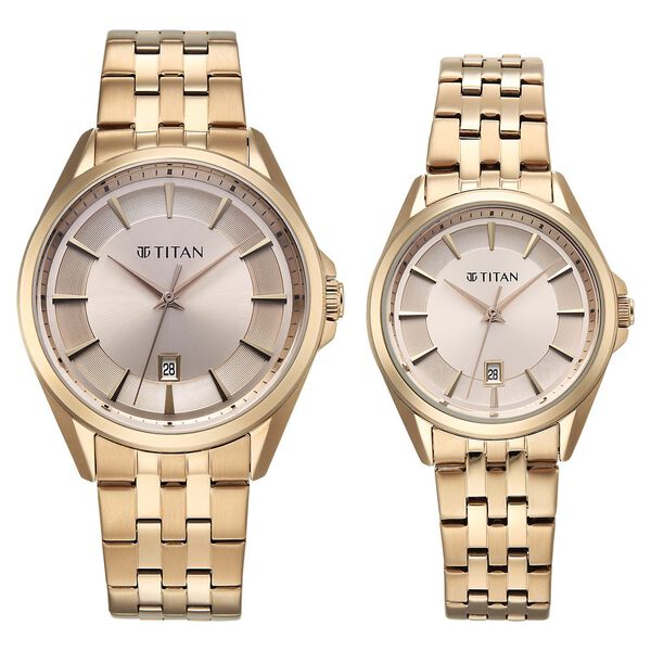 Titan 9401594215WM01 Modern Bandhan Quartz Analog Watch with Rose Gold Dial and Rose Gold Stainless Steel Straps for Couples 40mm and 32mm