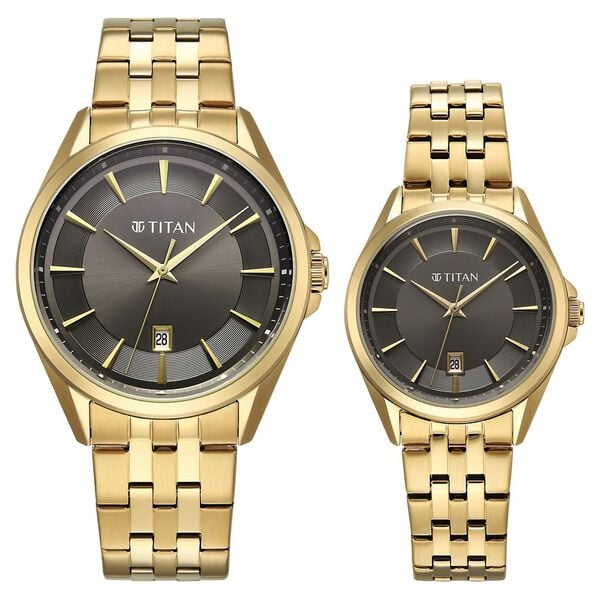 Titan 9401594215YM01 Modern Bandhan Analog Watch Set with Black Dial and Yellow Gold Stainless Steel Straps for Couples 40mm and 32mm
