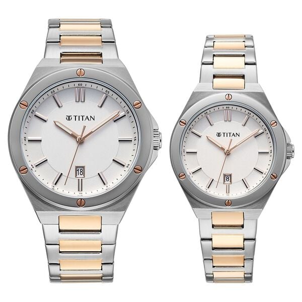 Titan 9401694216KM01 Modern Bandhan Quartz Analog Watch Set with White Dial and Dual-Tone Rose Gold Stainless Steel Straps for Couples 41mm and 33mm