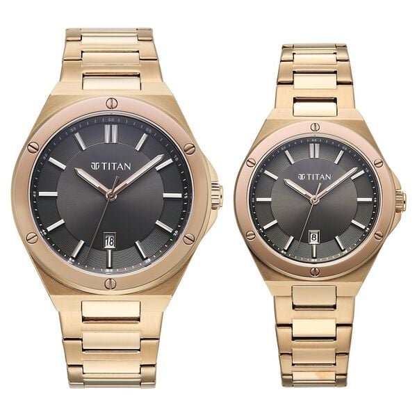 Titan 9401694216WM01 Modern Bandhan Quartz Analog Watch Set with Black Dials and Carnation Gold Stainless Steel Straps for Couples 41mm and 33mm