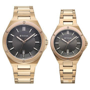 Titan 9401694216WM01 Modern Bandhan watch, primary product view with Black dial and carnation gold stainless steel strap