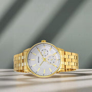 Titan 9441YM01 Regalia Opulent watch with white dial and gold strap, official product view 1