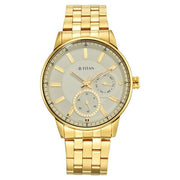 Titan 9441YM02 Regalia Opulent watch with white dial and gold strap, official product view 2