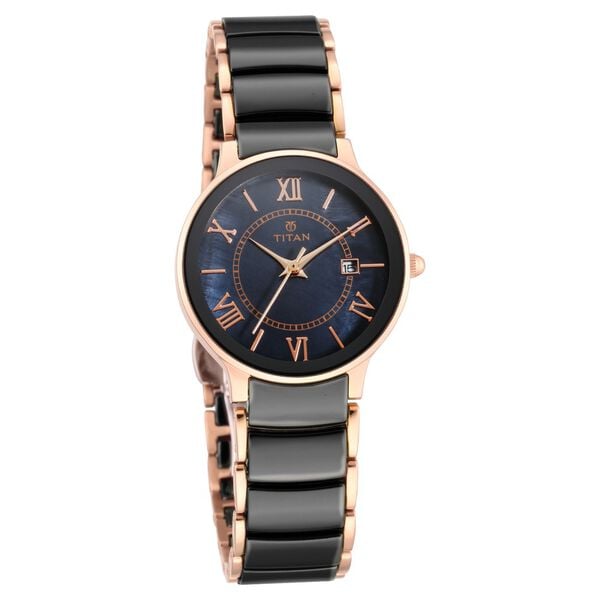 Titan 95016WD01 Purple Quartz Analog Watch with Date, Black Dial and Two-Tone Ceramic and Stainless Steel Strap for Women