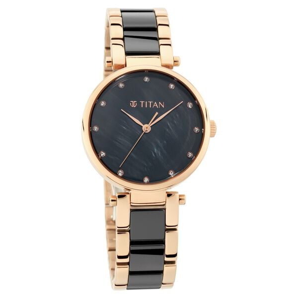 Titan 95061WD03 Purple Ceramics Quartz Analog Watch with Black Dial and Two-Tone Ceramic Strap for Women