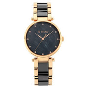 Titan 95061WD03 Purple Ceramics watch with black dial and two toned strap, official product view 2