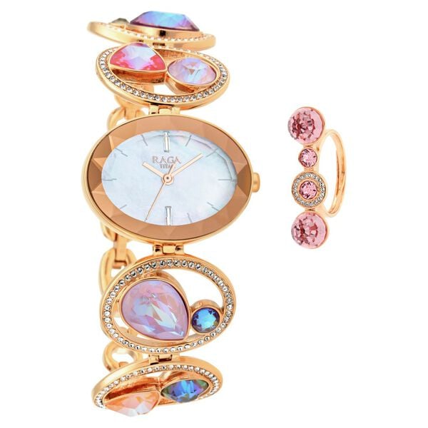 Titan 95127WM01F Raga Moments of Joy Quartz Analog Watch with White Mother of Pearl Dial and Rose Gold Metal Strap for Women 30mm