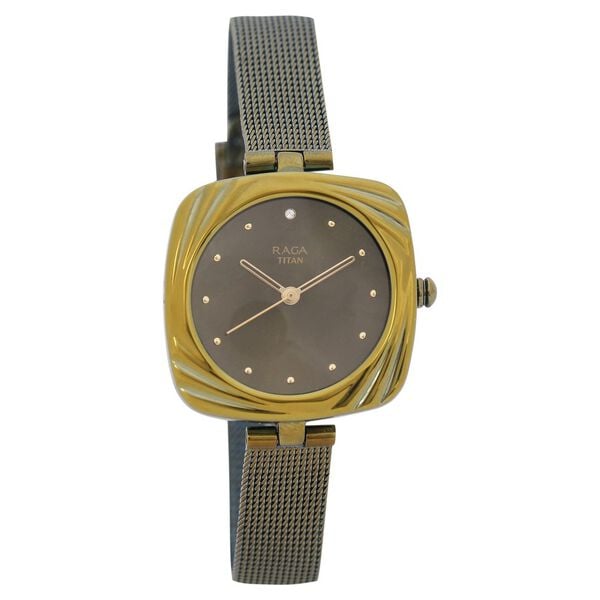 Titan 95139QM01 Raga Moments of Joy Quartz Analog Watch with White Dial and Green Metal strap for Women 28mm