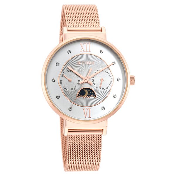 Titan 95144WM01 Slimline Quartz Multifunction Watch with Moonphase, Silver Dial and Rose Gold Stainless Steel Mesh Strap for Women