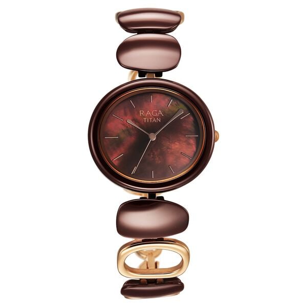 Titan 95146KD03 Raga Ceramics Quartz Analog Watch with Brown Mother of Pearl Dial and Brown Ceramic & Metal Strap for Women 25.4mm