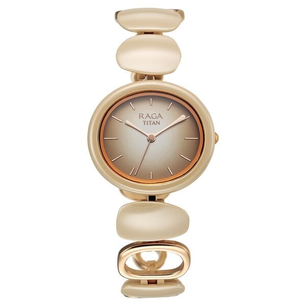 Titan 95146KD06 Raga Ceramics Quartz Analog Watch with Beige Dial and Beige Metal Strap for Women 25.4mm