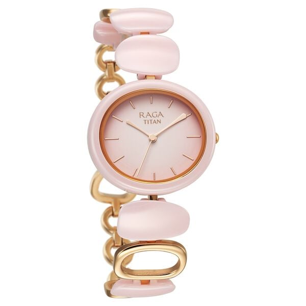 Titan 95146KD07 Raga Ceramics Quartz Analog Watch with Pink Dial and Pink Metal and Ceramic Strap for Women 25.4mm