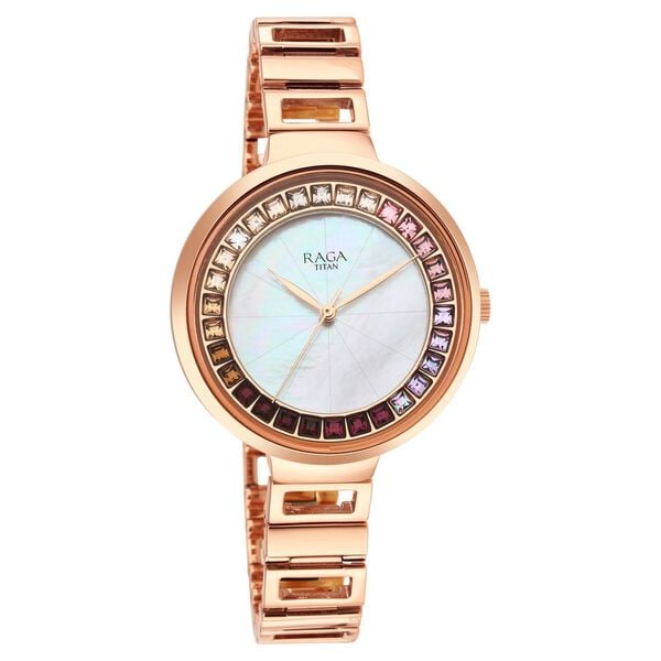 Titan 95150WM01 Raga Love All Quartz Analog Watch with Mother of Pearl Dial and Rose Gold Metal strap for Women 35.5mm