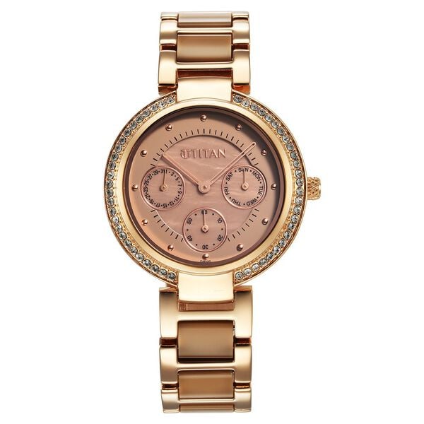 Titan 95187KD03 Purple Acetate Quartz Multifunction Watch with Brown Dial and Two-Tone Metal and Plastic Strap for Women