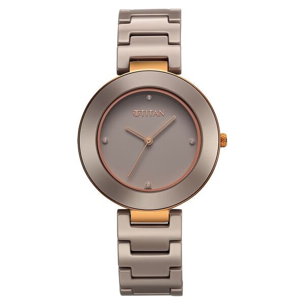 Titan 95189KC08 Purple Ceramics Quartz Analog Watch with Brown Dial and Grey Ceramic Strap for Women 35mm