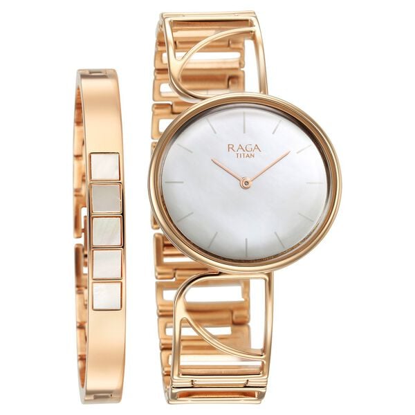 Titan 95226WM01F Raga Power Pearls Quartz Analog Watch with Mother of Pearl Dial and Rose Gold Metal Strap for Women 35mm