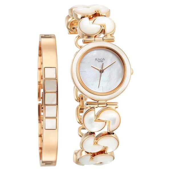 Titan 95233WM01F Raga Power Pearls Quartz Analog Watch with Mother of Pearl Dial and Rose Gold Metal Strap for Women 28mm