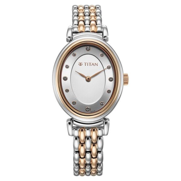 Titan 95242KM01 Purple Aura Quartz Analog Watch with Silver Dial and Two-Tone Stainless Steel Strap for Women