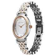 Titan 95242KM01 Purple Aura watch with silver dial and two toned strap, official product view 3