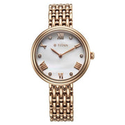 Titan 95243WM01 Purple Aura watch with mother of pearl dial and rose gold strap, official product view 1