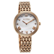 Titan 95243WM01 Purple Aura watch with mother of pearl dial and rose gold strap, official product view 2