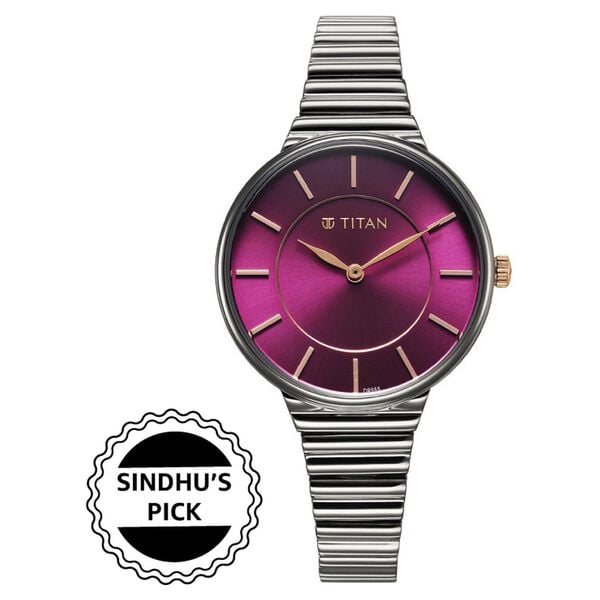 Titan 95245KM01 Aura Quartz Analog Watch with Purple Dial and Grey Stainless Steel Strap for Women