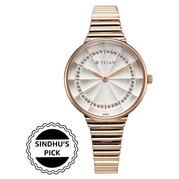 Titan 95245WM02 Purple Aura Quartz Analog Watch with Silver Dial and Rose Gold Stainless Steel Strap for Women 34mm