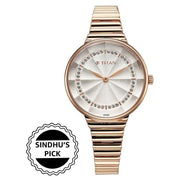 Titan 95245WM02 Purple Aura watch, primary product view with Silver dial and rose gold stainless steel strap
