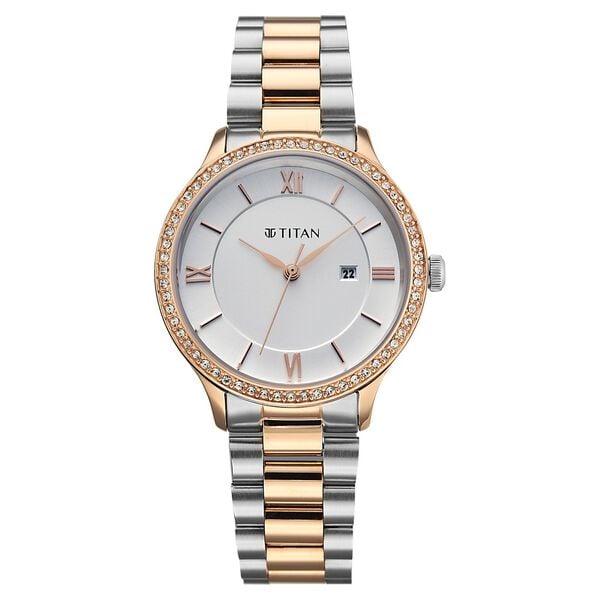 Titan 95247KM03 Purple Prestige Quartz Analog Watch with Date, White Dial and Brown Stainless Steel Strap for Women 33mm
