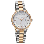 Titan 95247KM03 white dial watch with brown strap, front view showing the dial and markers