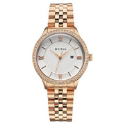 Titan 95247WM01 women's watch with white dial and rose gold stainless steel strap