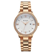 Titan 95247WM02 white dial watch with rose gold strap, main product view showing the watch design
