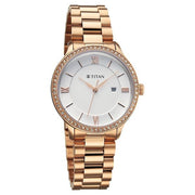 Titan 95247WM02 white dial watch with rose gold strap, front view showing the dial and markers