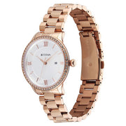 Titan 95247WM02 white dial watch with rose gold strap, alternate product view showing the case and strap