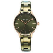 Titan 95248KM03 TGIF Quartz Analog Watch with Green Dial and Green Stainless Steel Strap for Women - front view