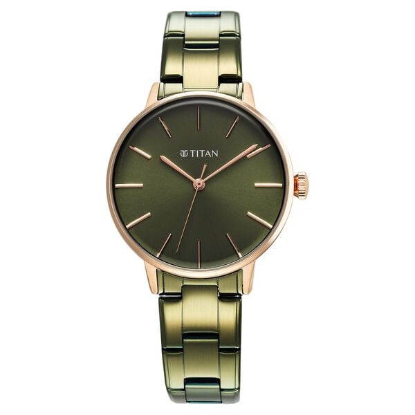 Titan 95248KM03 TGIF Quartz Analog Watch with Green Dial and Green Stainless Steel Strap for Women