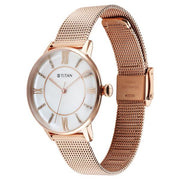 Titan 95248WM02 TGIF Quartz Analog Watch with Mother of Pearl Dial and Rose Gold Stainless Steel Strap for Women - angled view