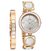 Titan 95250WM02F Raga Power Pearls women's watch with mother of pearl dial and rose gold metal strap, front and side views of the Mother of Pearl dial watch