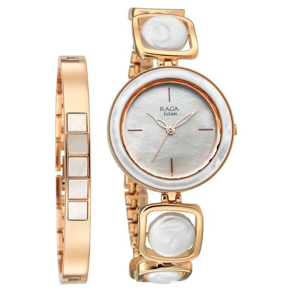 Titan 95250WM02F Raga Power Pearls Quartz Analog Watch with Mother of Pearl Dial and Rose Gold Metal Strap for Women 31mm