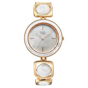 Titan 95250WM02F Raga Power Pearls women's watch with mother of pearl dial and rose gold metal strap, front view of the dial